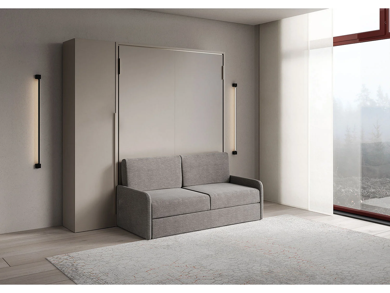 Cama abatible francesa vertical Versia Sofà 140 con sofá, estante y armario 1 puerta izquierda Clay