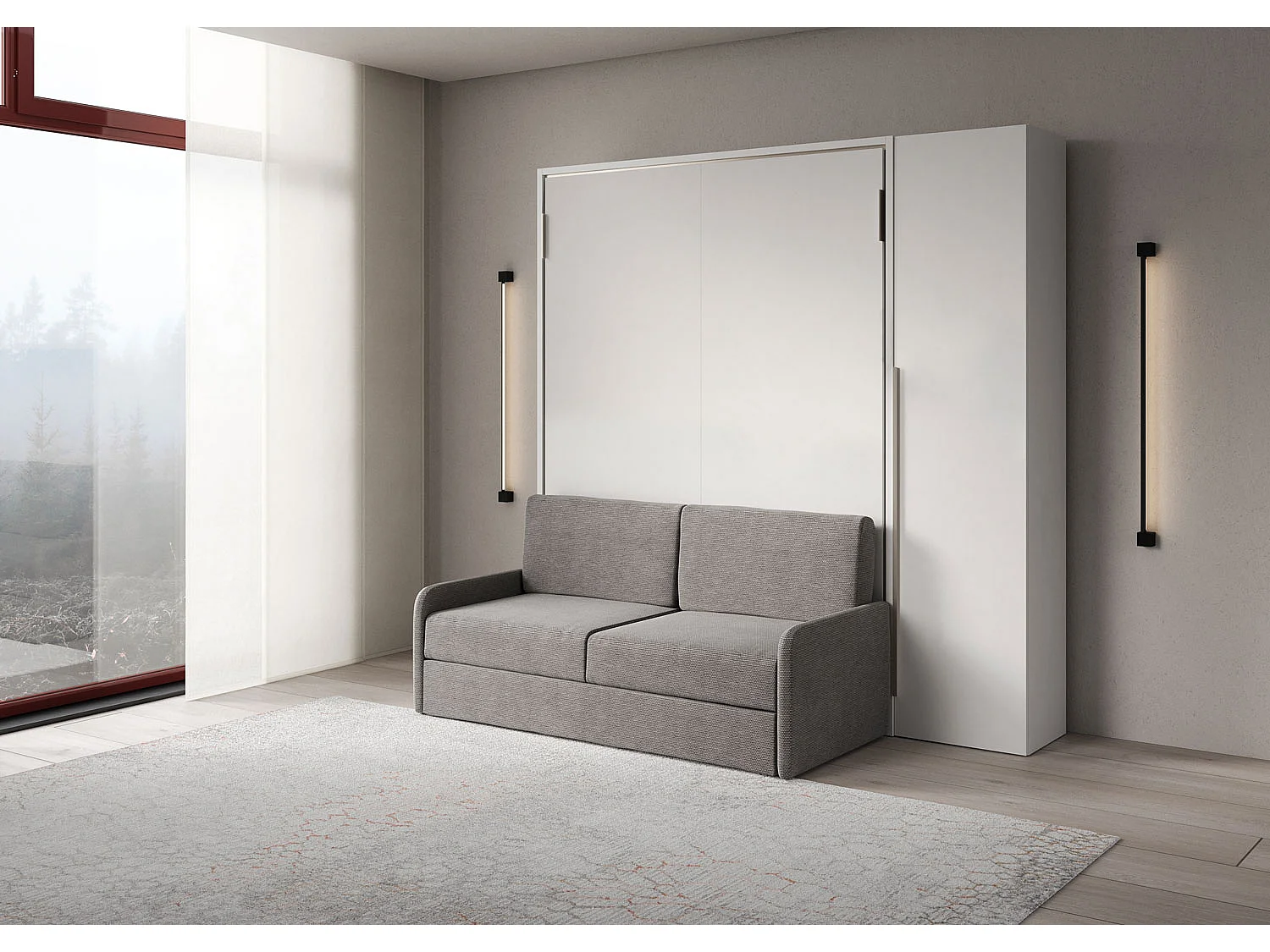 Versia Sofà 160 lit double escamotable vertical avec canapé, étagère et armoire avec 1 porte à droite Blanc