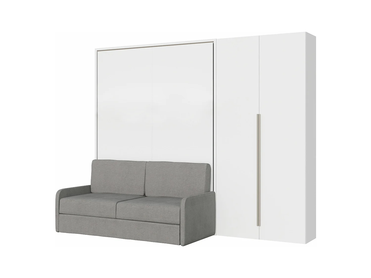 Vertikales Klappdoppelbett Versia Sofà 160 mit Sofa, Regal und rechtem Kleiderschrank mit 2 Türen. Weiß