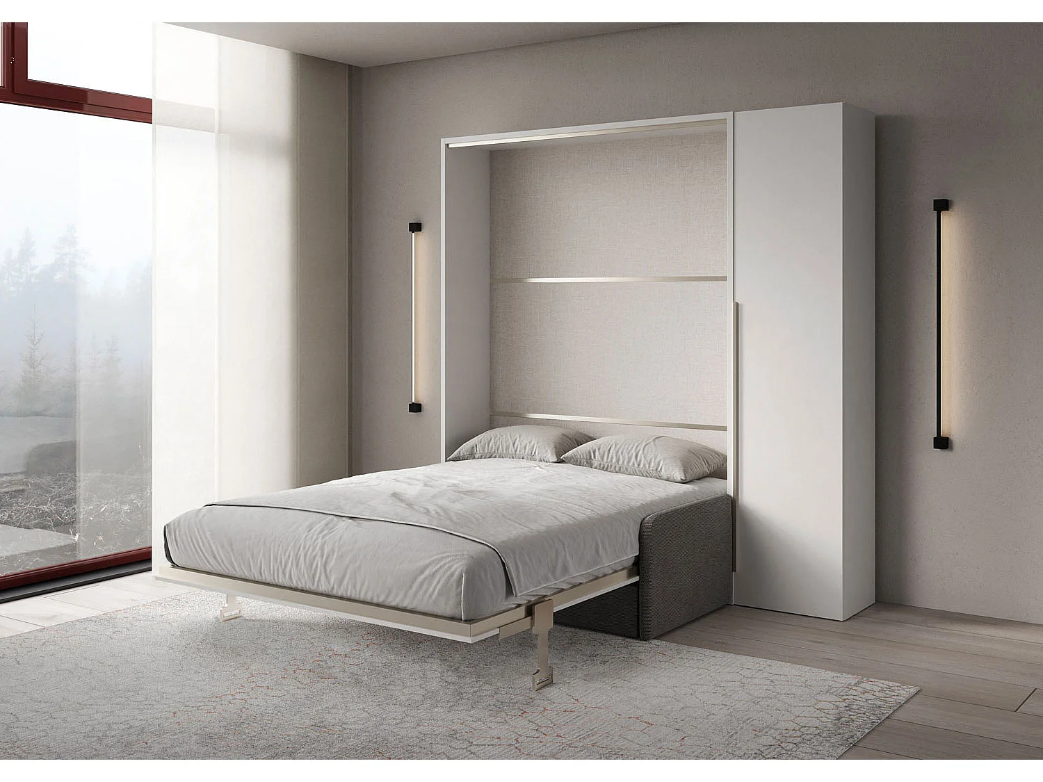 Cama francesa vertical dobrável Versia Sofà 140 com sofá, prateleira e guarda-roupa de 1 porta à direita Branco