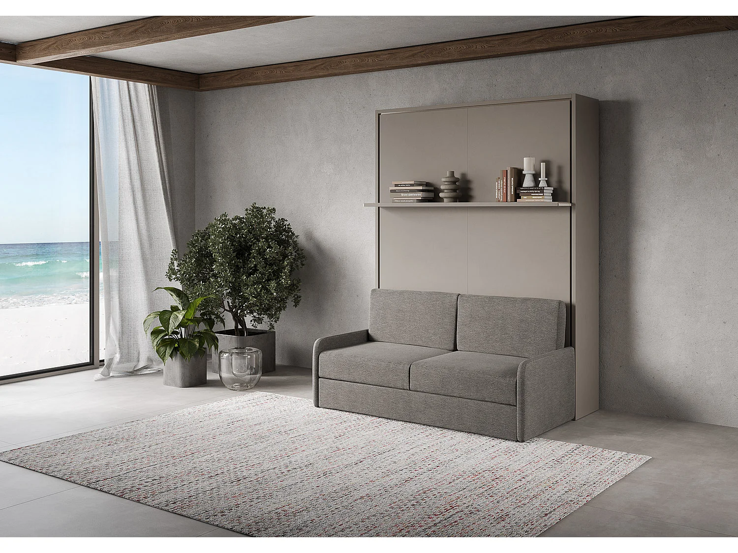 Lit français escamotable vertical Versia Sofà 140 avec canapé et étagère Argilla