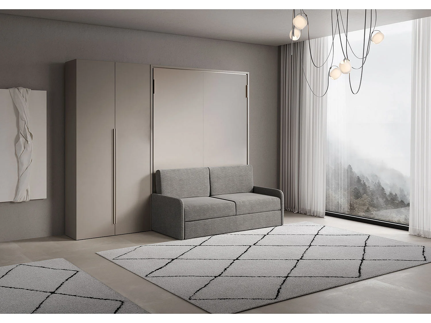 Cama francesa vertical dobrável Versia Sofà 140 com sofá, prateleira e guarda-roupa esquerdo de 2 portas em Clay