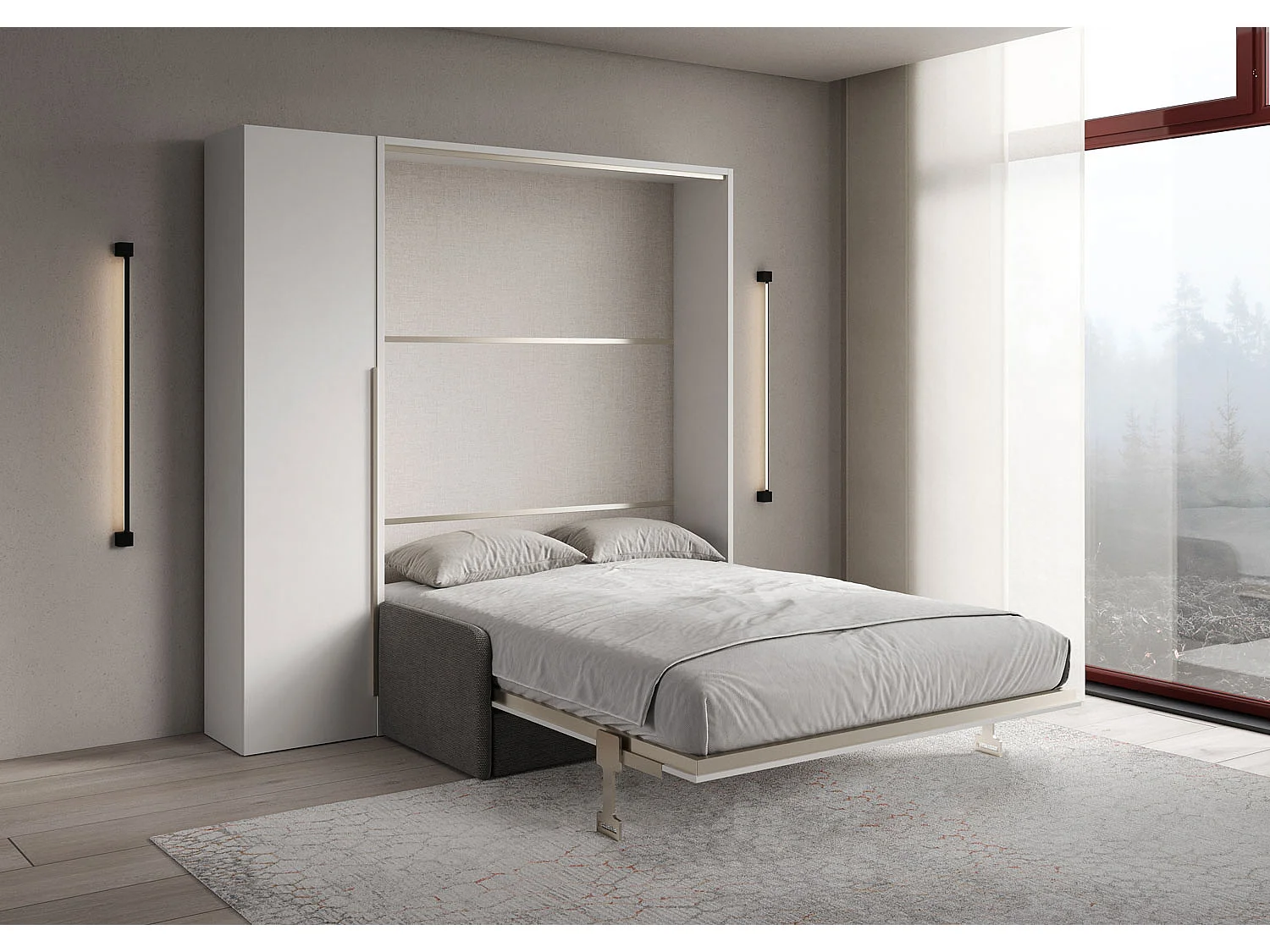 Cama de casal dobrável vertical Versia Sofà 160 com sofá, prateleira e guarda-roupa de 1 porta à esquerda Branco