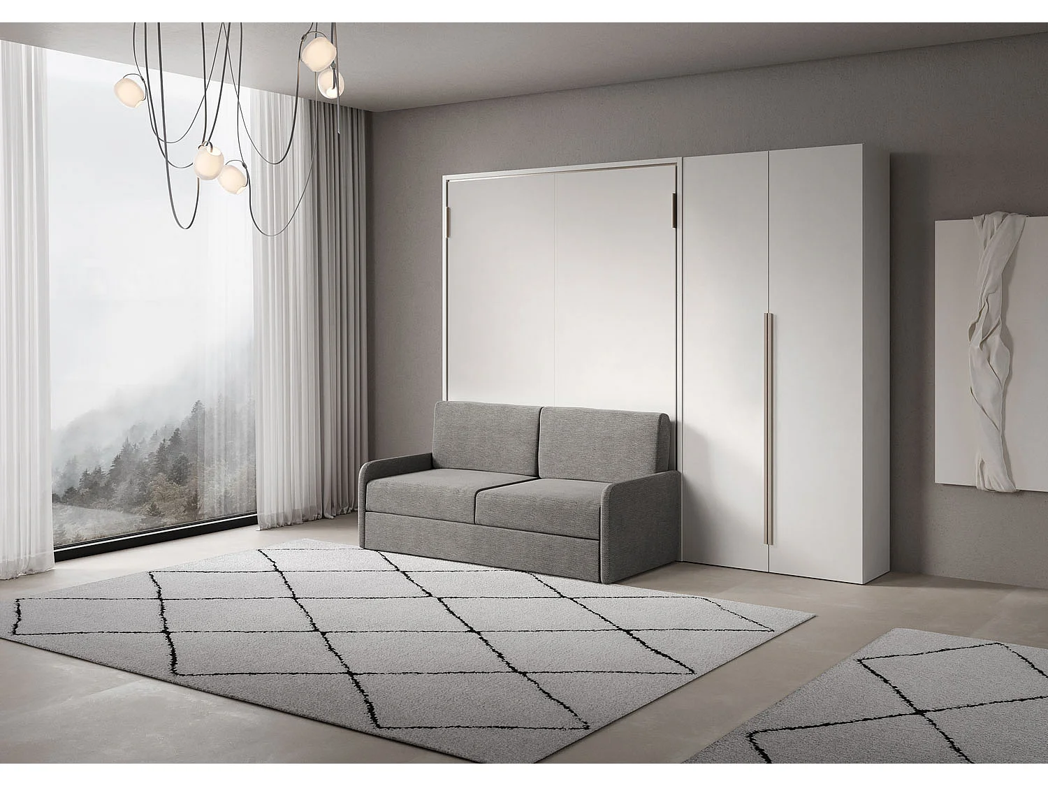 Cama francesa vertical abatible Versia Sofà 140 con sofá, estante y armario derecho de 2 puertas Blanco
