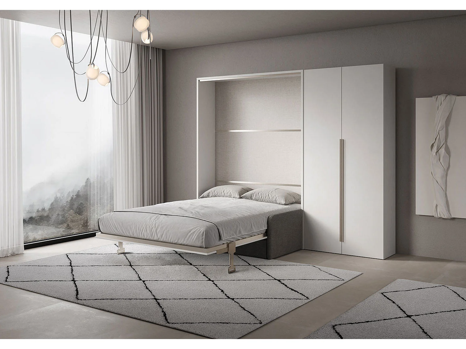 Cama francesa vertical abatible Versia Sofà 140 con sofá, estante y armario derecho de 2 puertas Blanco