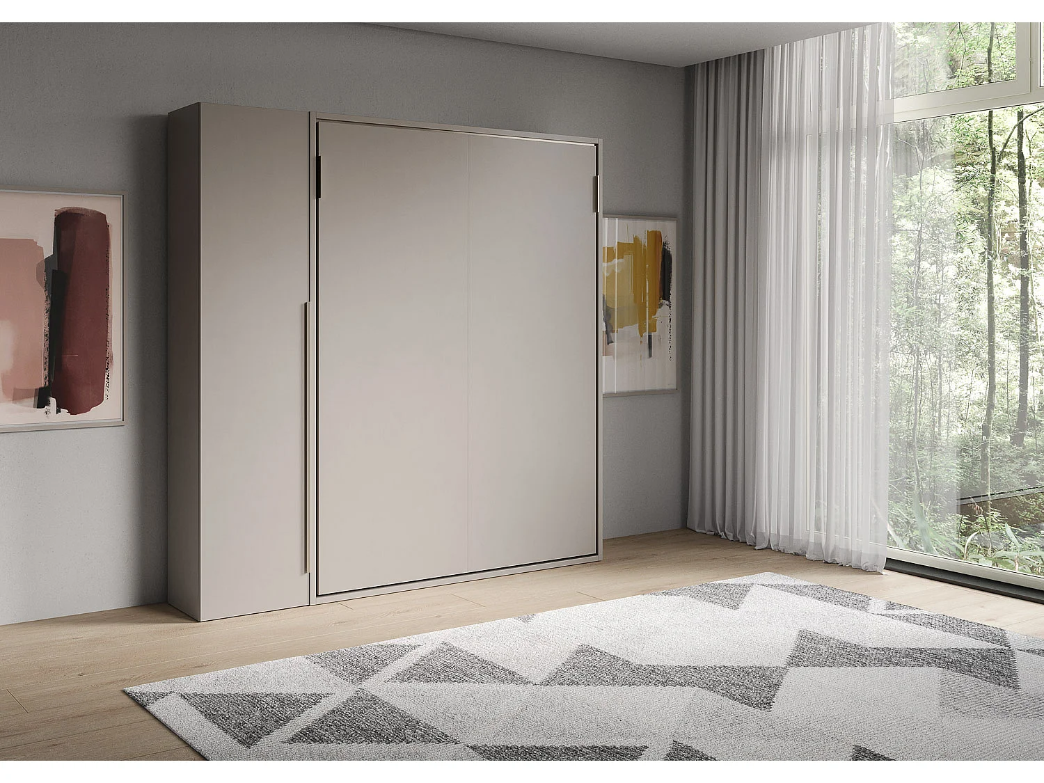 Cama de casal dobrável vertical Versia 160 com guarda-roupa de 1 porta no lado esquerdo, Clay