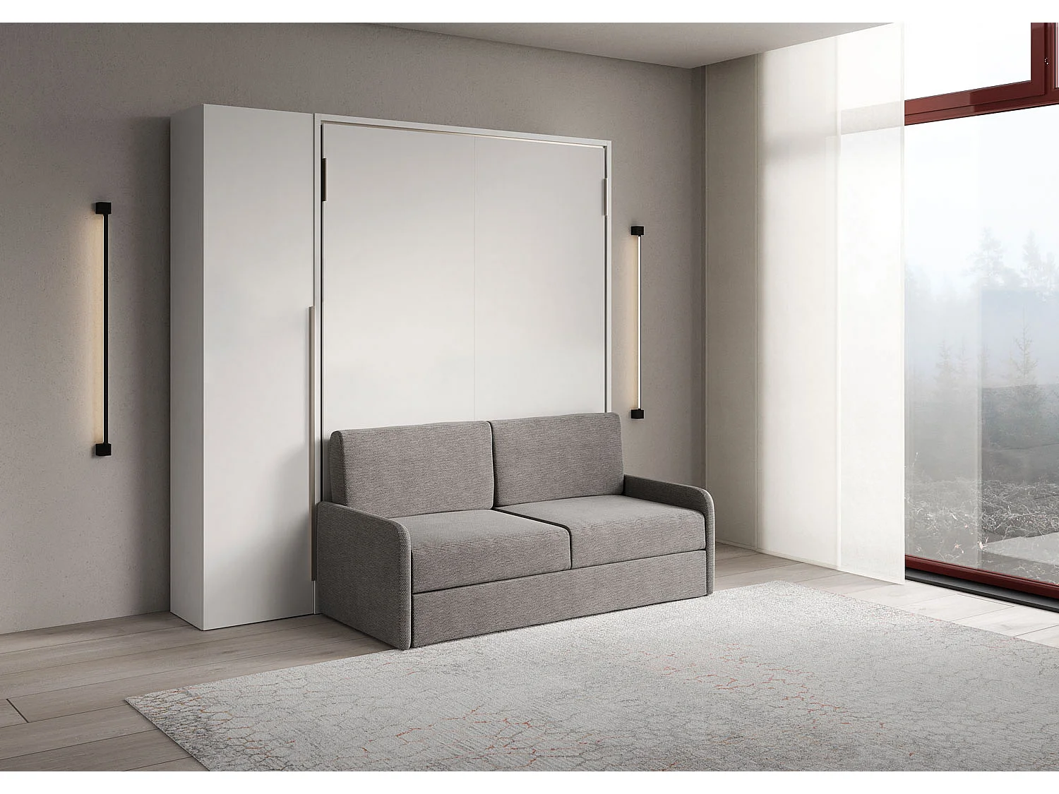 Lit français escamotable vertical Versia Sofà 140 avec canapé, étagère et armoire 1 porte gauche Blanc