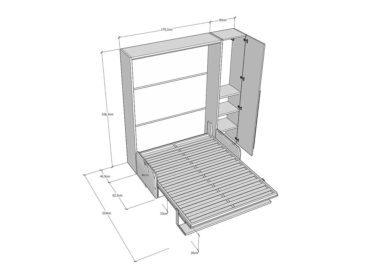 Cama de casal dobrável vertical Versia Sofà 160 com sofá, prateleira e guarda-roupa de 1 porta à esquerda Clay