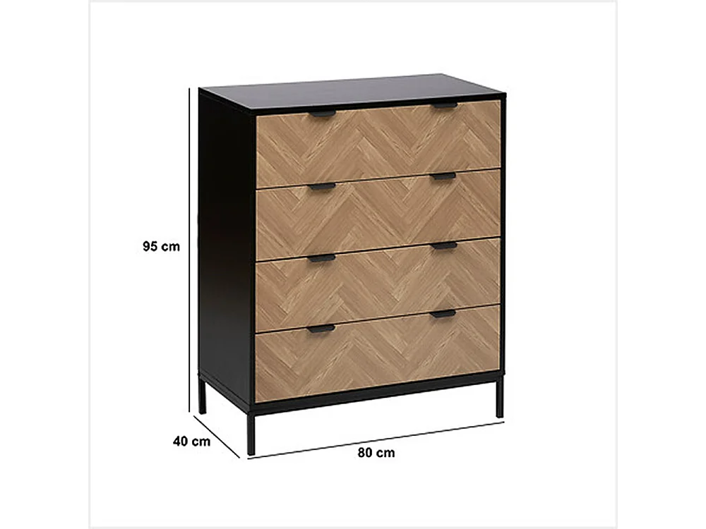 Commode, meuble de rangement avec 4 tiroirs en bois coloris marron, Noir - Longueur 80 x Profondeur 40  x Hauteur 95 cm