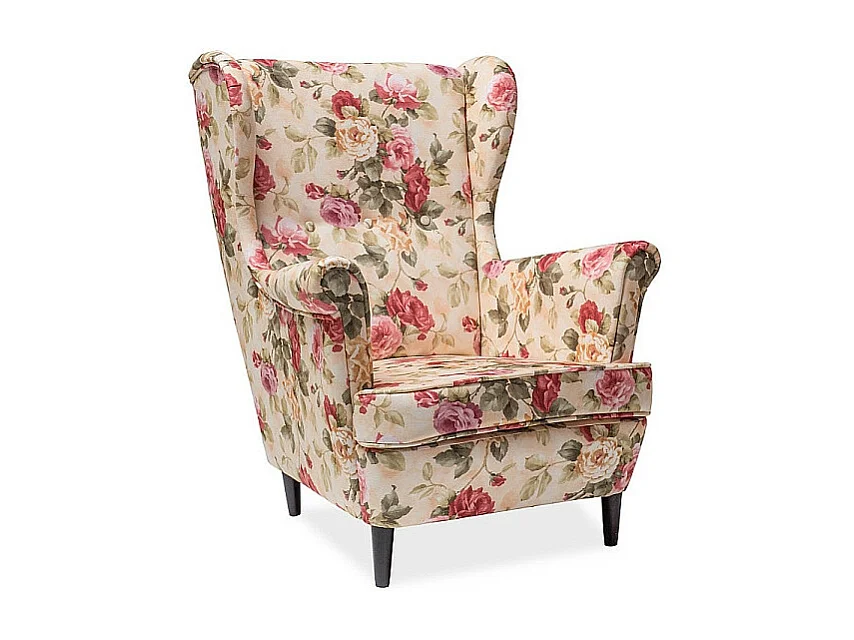 Fauteuil en tissu motif floral - Multicolore - Pieds en bois - L 101 cm x l 75 cm x P 56 cm