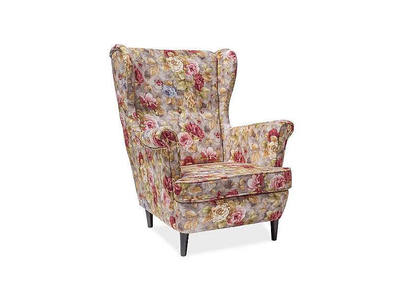 Fauteuil en tissu motif floral - Multicolore - Pieds en bois - L 101 cm x l 75 cm x P 56 cm