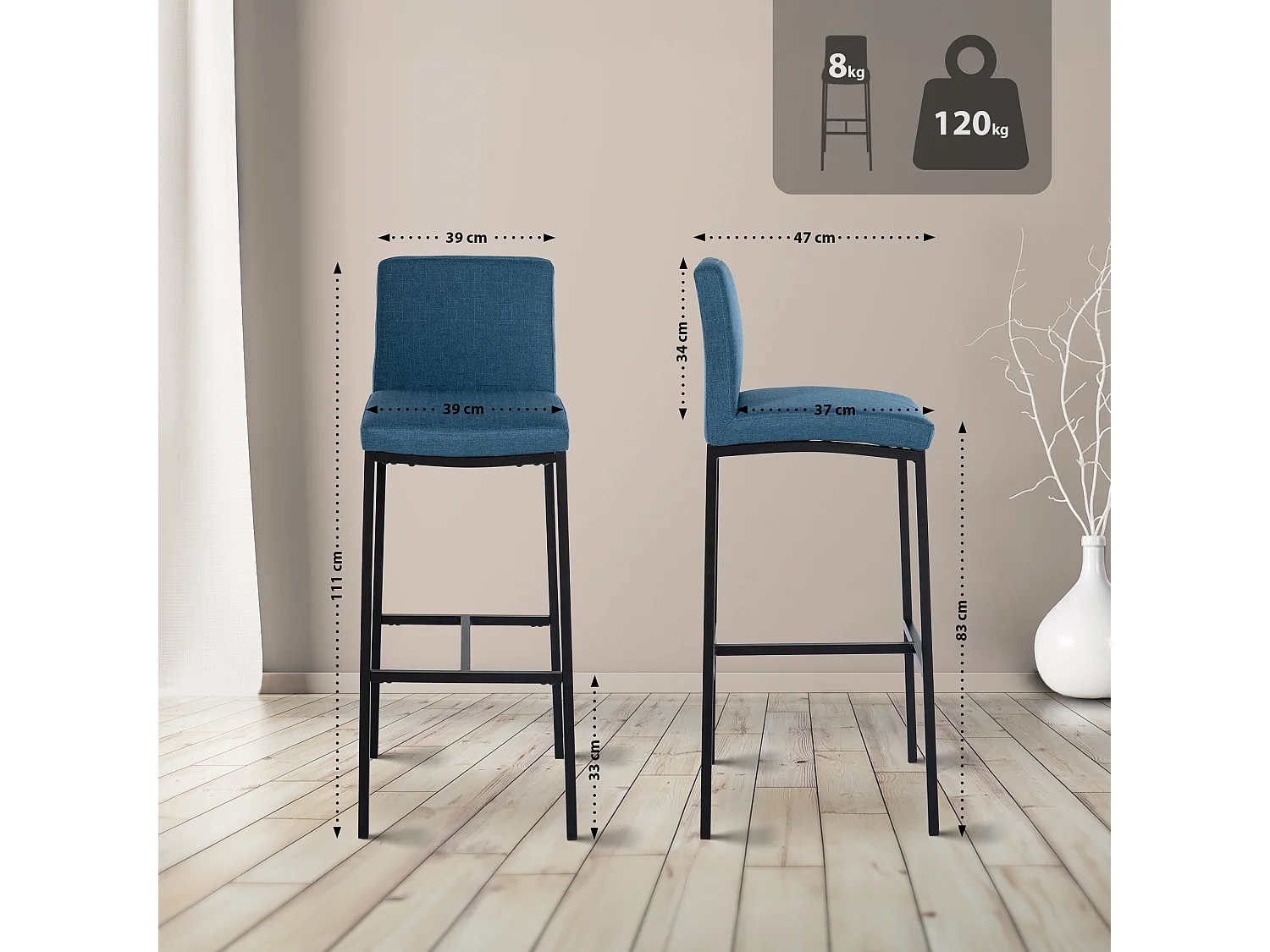 Tabouret de bar - Tissu - Bleu - Freeport