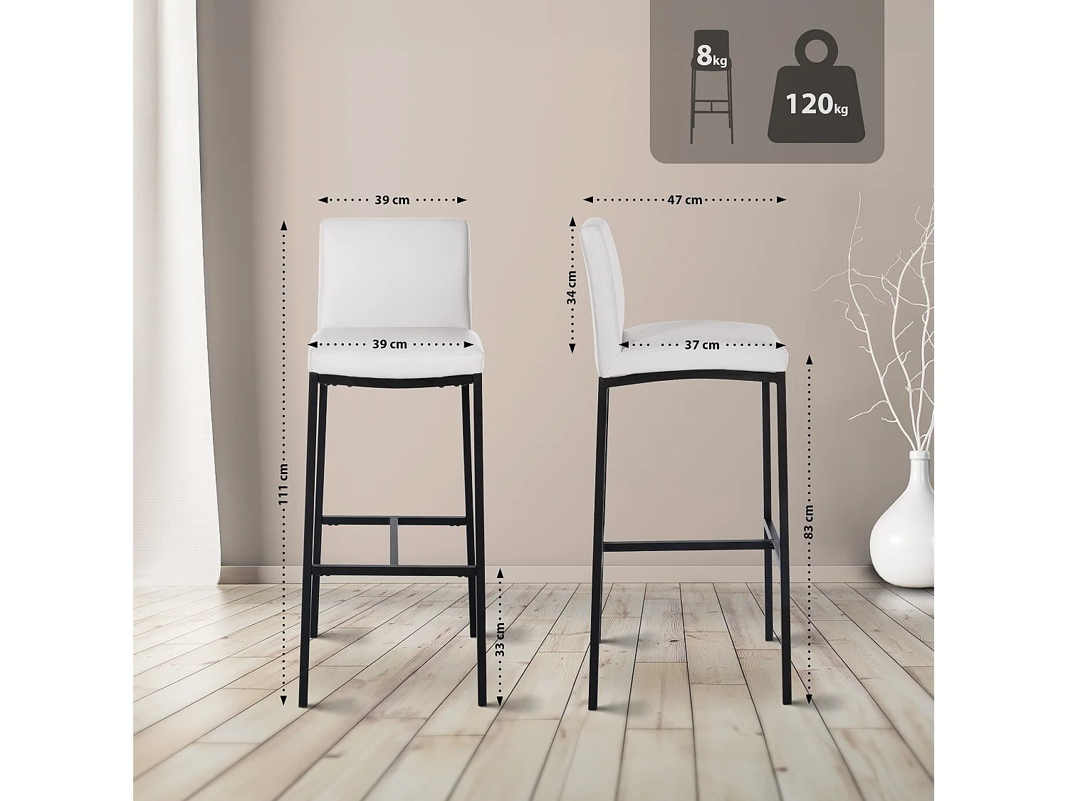 Tabouret de bar - Similicuir - Blanc - Freeport