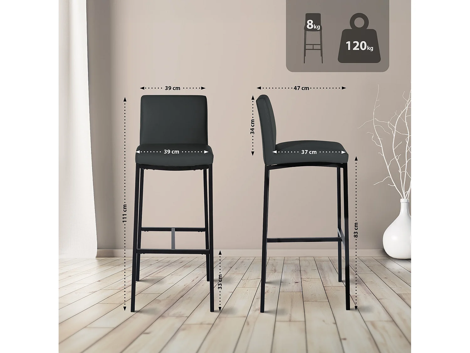 Tabouret de bar - Similicuir - Gris foncé - Freeport