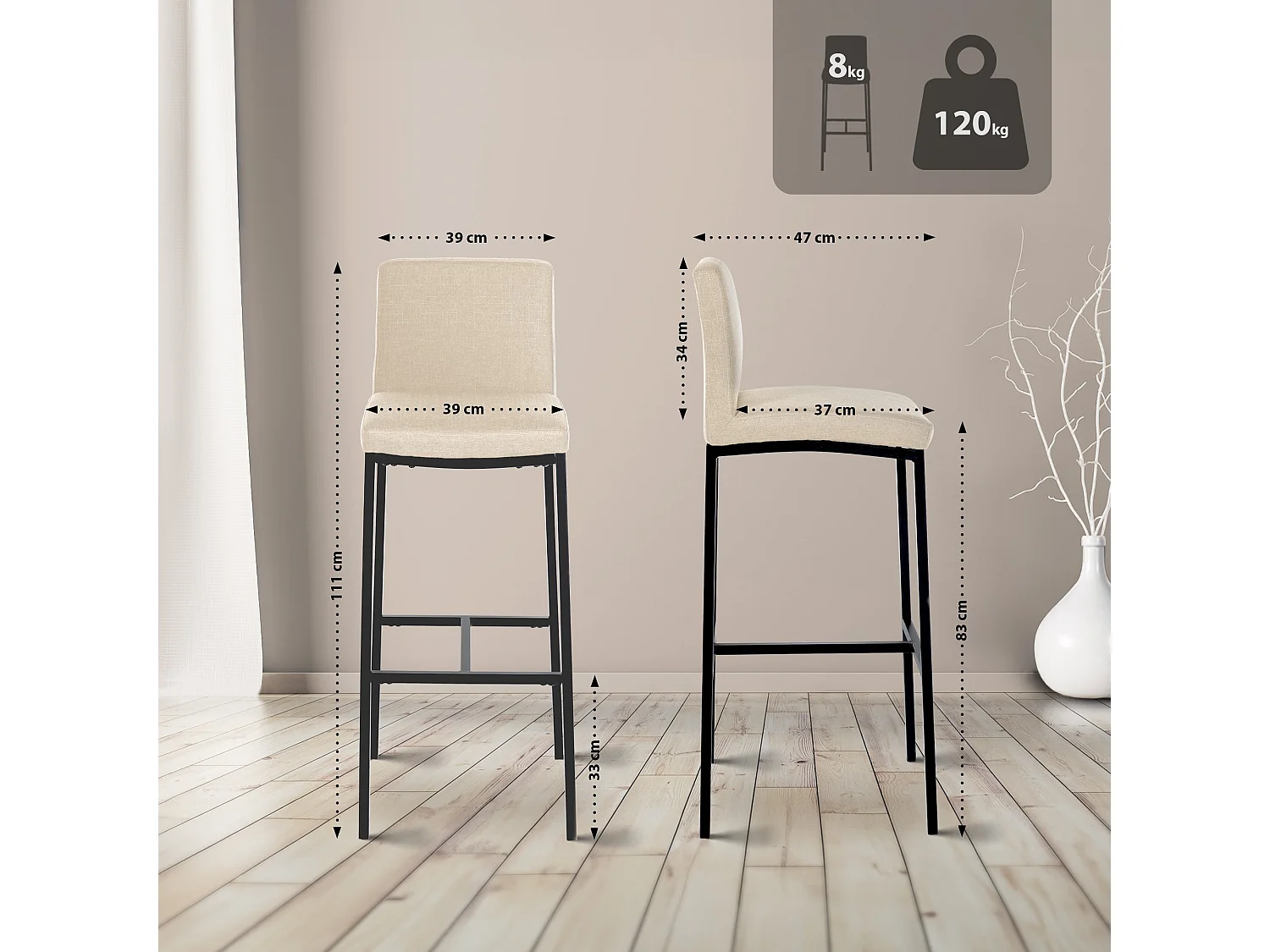 Tabouret de bar - Tissu - Crème - Freeport