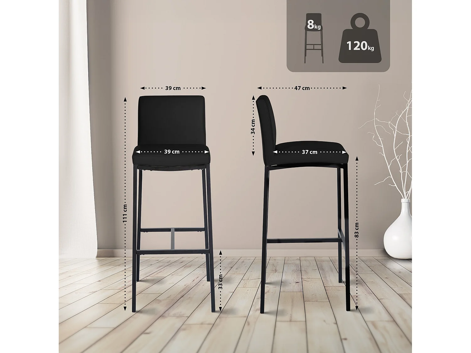 Tabouret de bar - Similicuir - Noir - Freeport