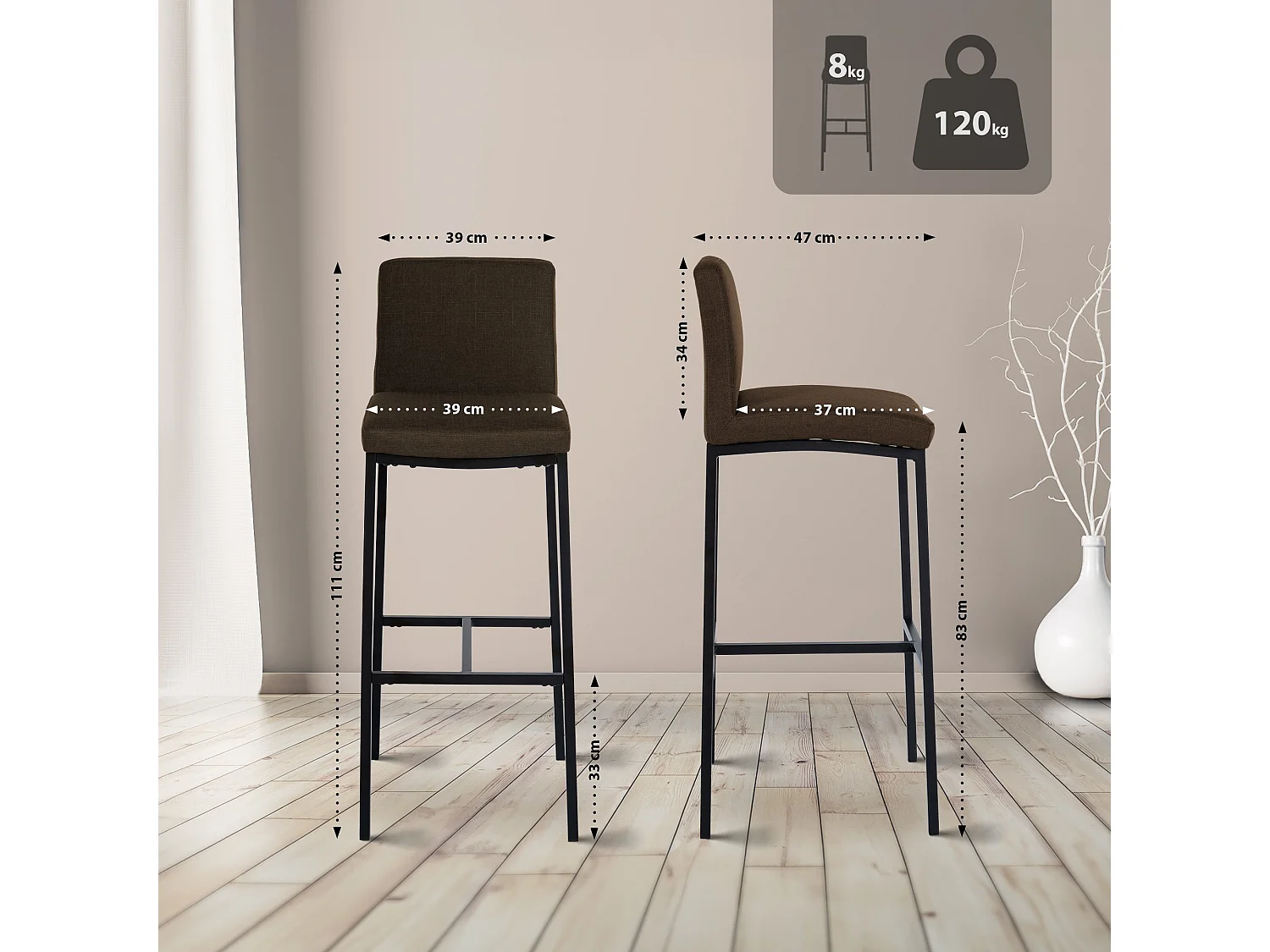 Tabouret de bar - Tissu - Marron - Freeport