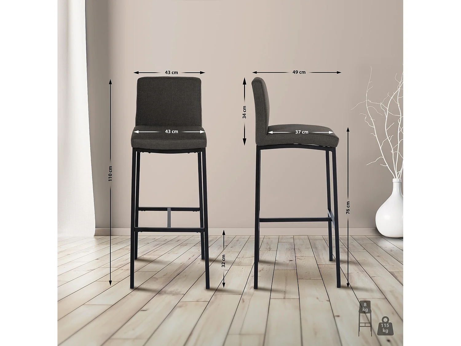 Tabouret de bar - Tissu - Gris foncé - Freeport