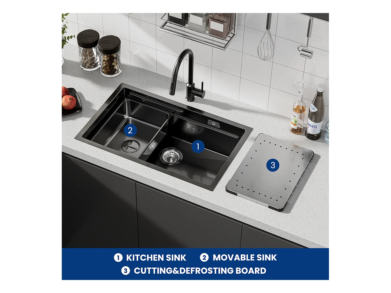 Spoelbakken Keuken - Multifunctionele Spoelbak Keuken 70×44cm - Spoelbak met Afdruiprek - Spoelbakken met afdruip - Antraciet