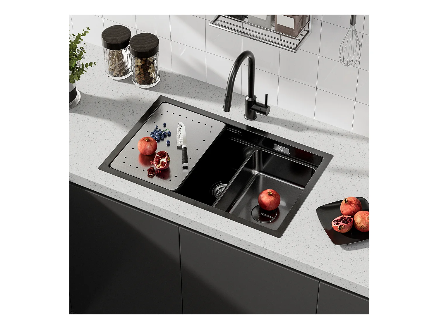 Spoelbakken Keuken - Multifunctionele Spoelbak Keuken 70×44cm - Spoelbak met Afdruiprek - Spoelbakken met afdruip - Antraciet