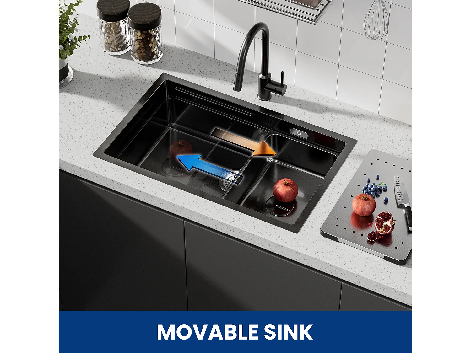 Spoelbakken Keuken - Multifunctionele Spoelbak Keuken 70×44cm - Spoelbak met Afdruiprek - Spoelbakken met afdruip - Antraciet