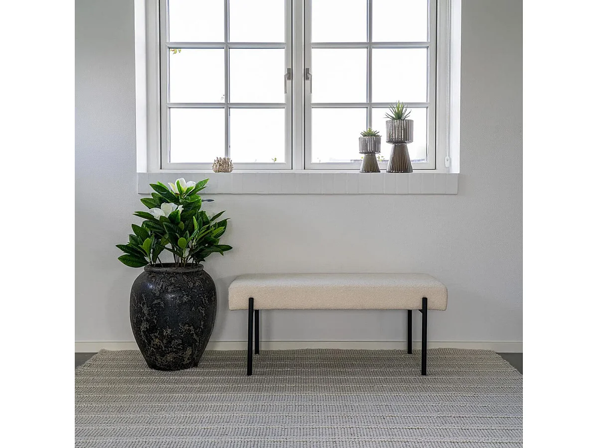 VILONY - Banc 2 Places Tissu Bouclé Blanc cassé et Pieds Métal Noir