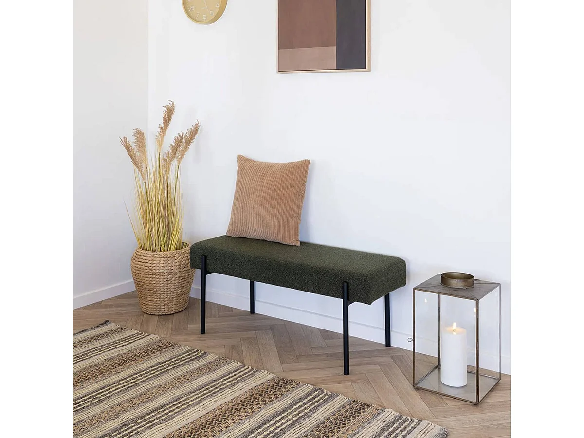 VILONY - Banc 2 Places Tissu Bouclé Vert foncé et Pieds Métal Noir