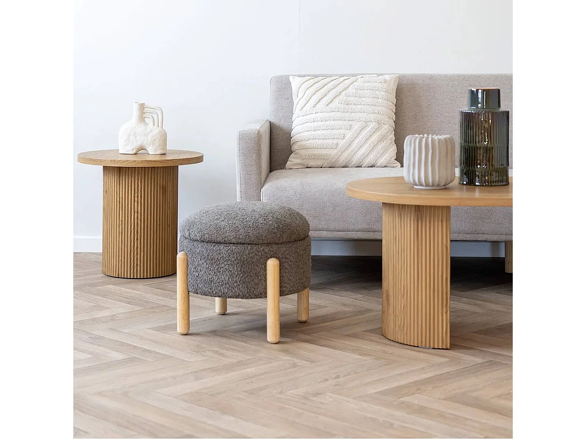 KINOKO - Pouf Coffre Rond Revêtement Bouclette Marron