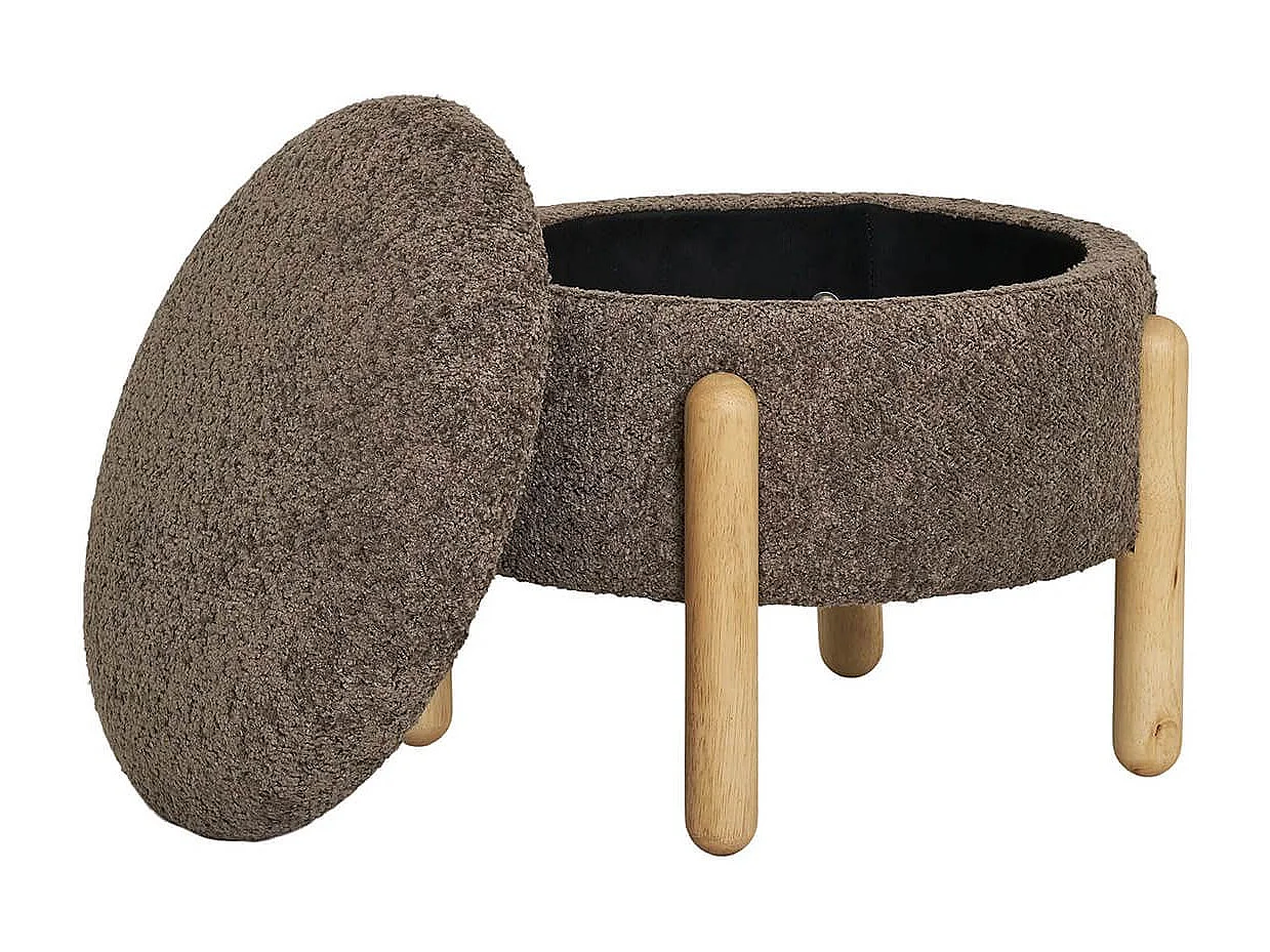 KINOKO - Pouf Coffre Rond Revêtement Bouclette Marron