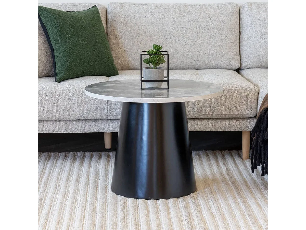KOELA - Table Basse Plateau MDF Aspect Marbre Pied central Conique en Métal