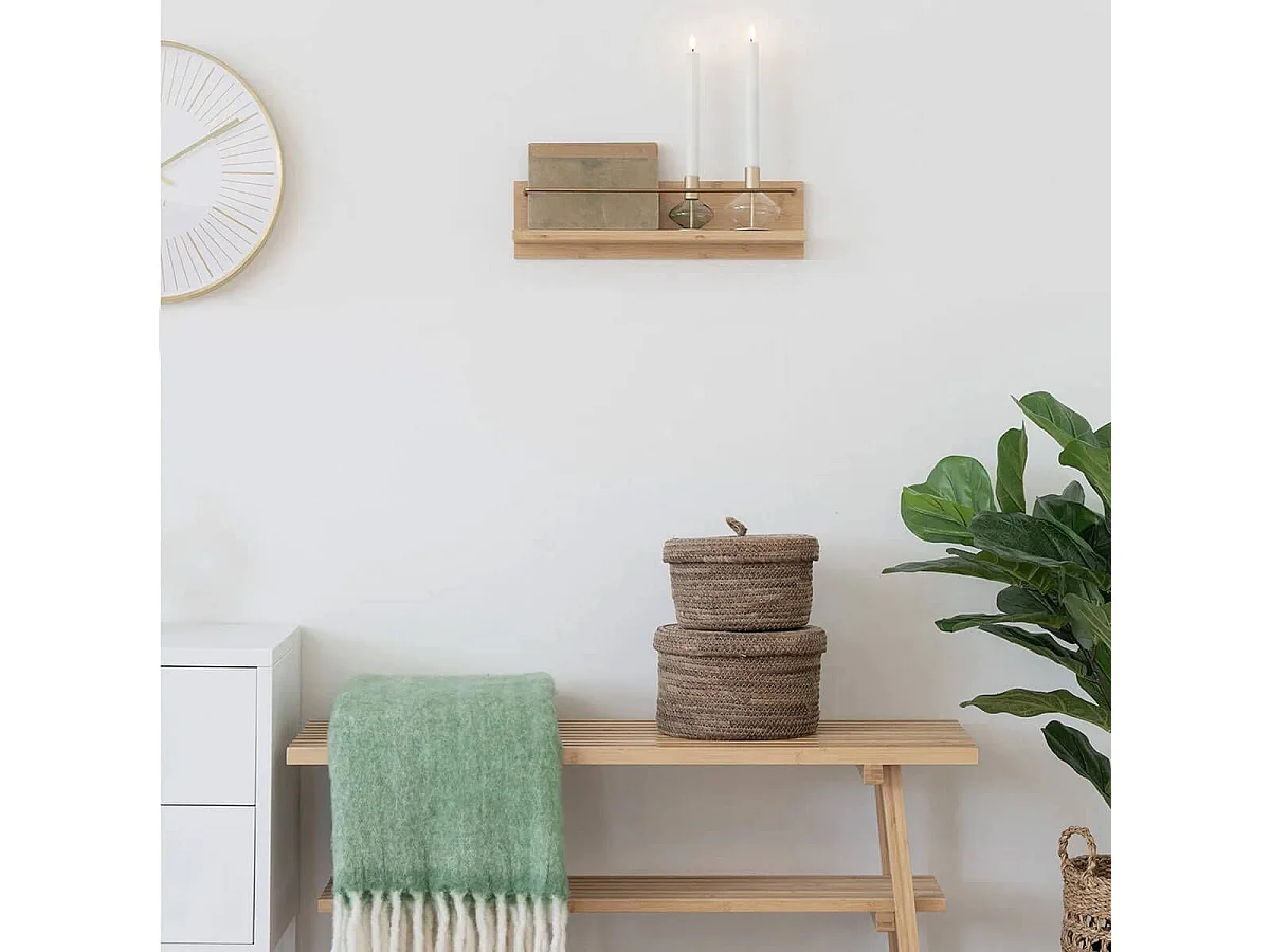 REANE - Etagère Murale en Bambou et Tige anti-chutes en Métal Doré