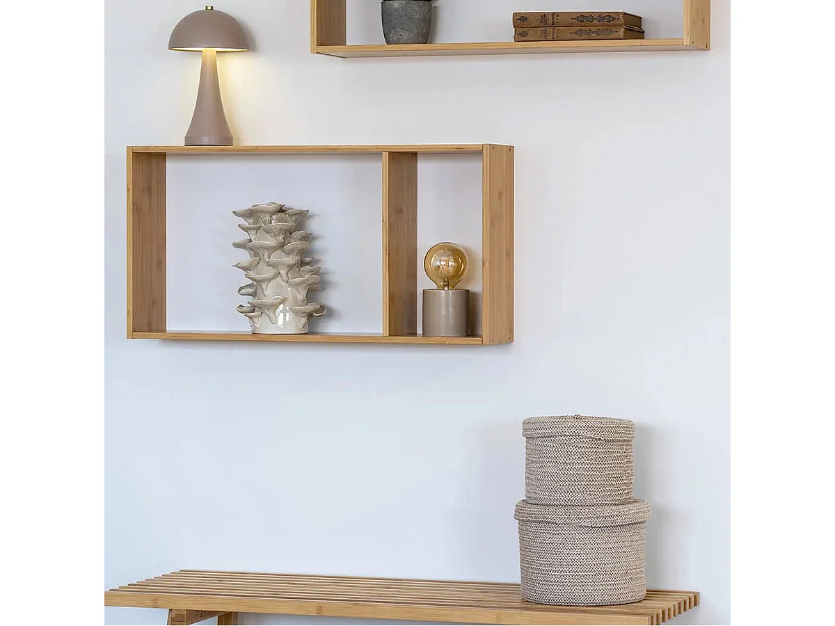 LOUANE - Etagère Murale Rectagulaire Double en Bambou Naturel