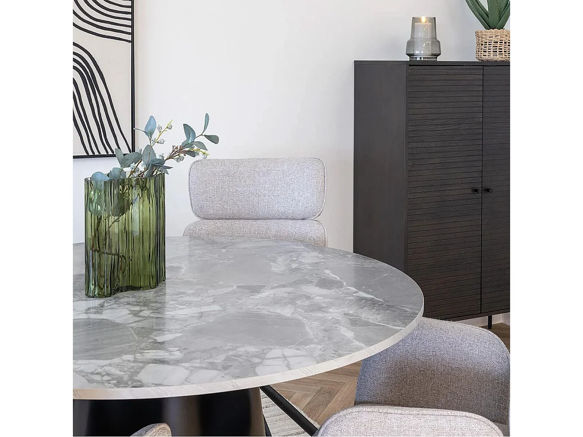 KOELA - Table Repas Ø120cm Plateau MDF Aspect Marbre Pied central Conique en Métal