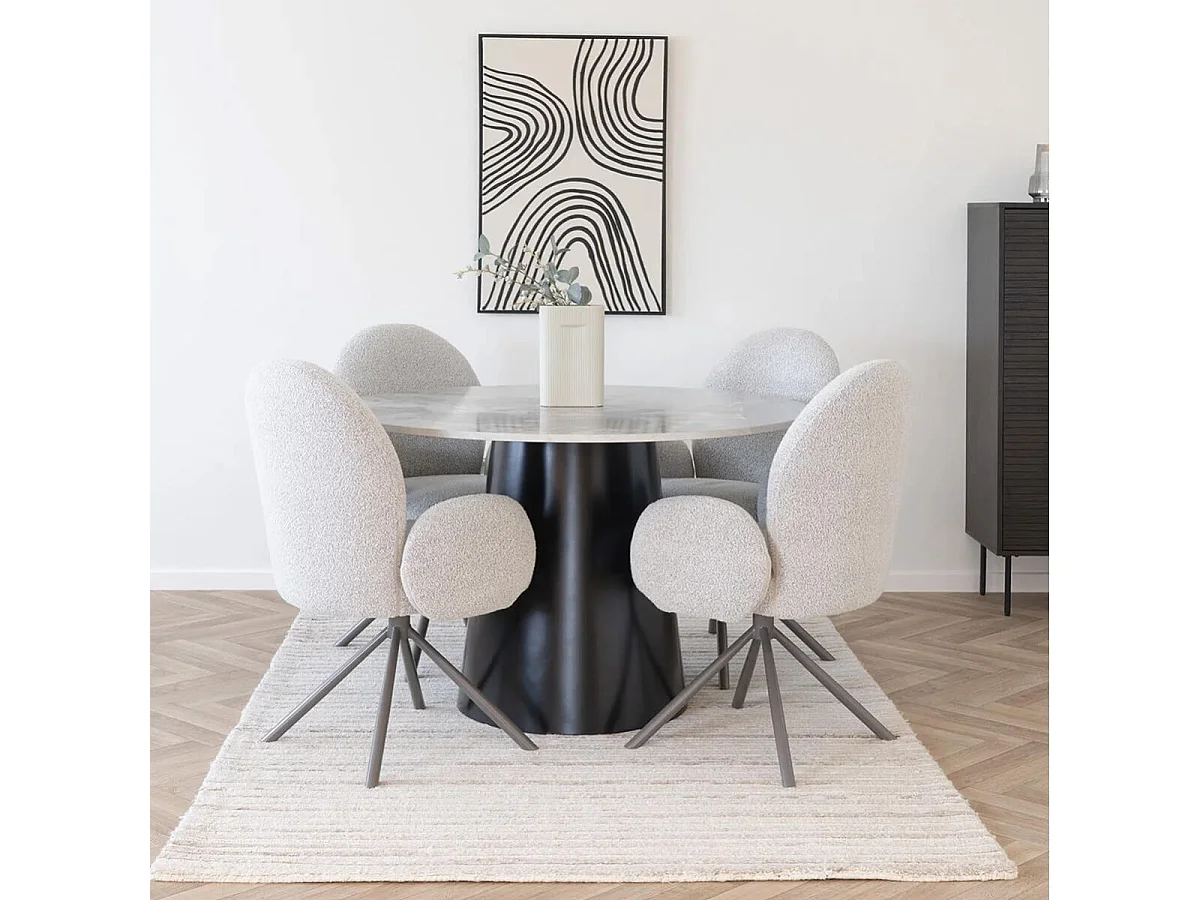 KOELA - Table Repas Ø120cm Plateau MDF Aspect Marbre Pied central Conique en Métal