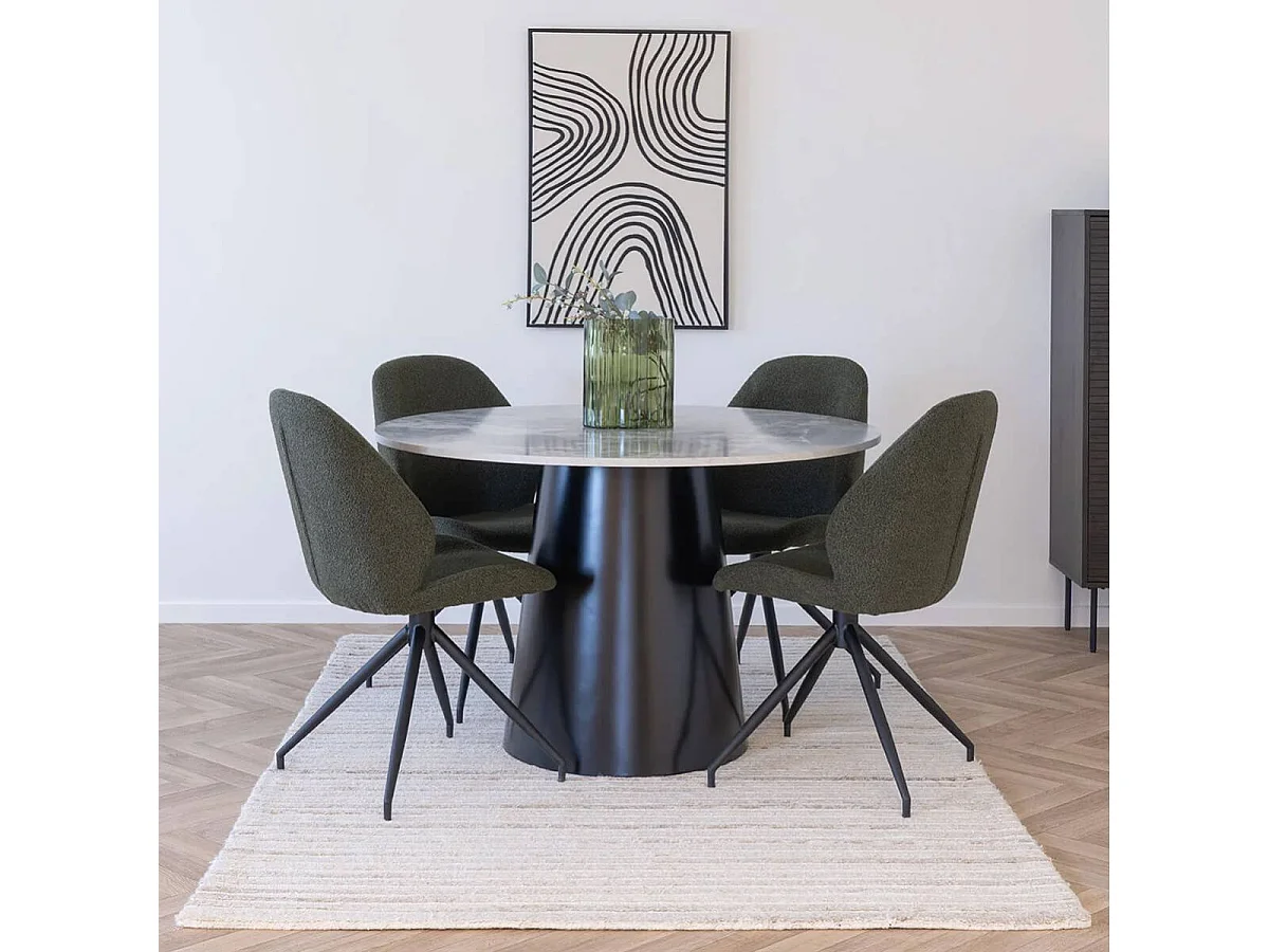 KOELA - Table Repas Ø120cm Plateau MDF Aspect Marbre Pied central Conique en Métal