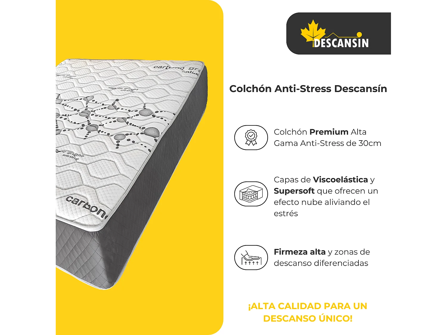 Colchón Viscoelástico 30cm Alta gama | 140x190 | Ideal para Personas con Dolores de Espalda | Alta Firmeza | Carbono-Grafeno Anti-Stress