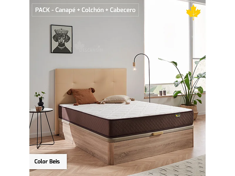 Pack Colchon + Cabecero + Canape Abatible Descansin | 160 x 200 | Beis | Maxima Comodidad | Gran Almacenaje