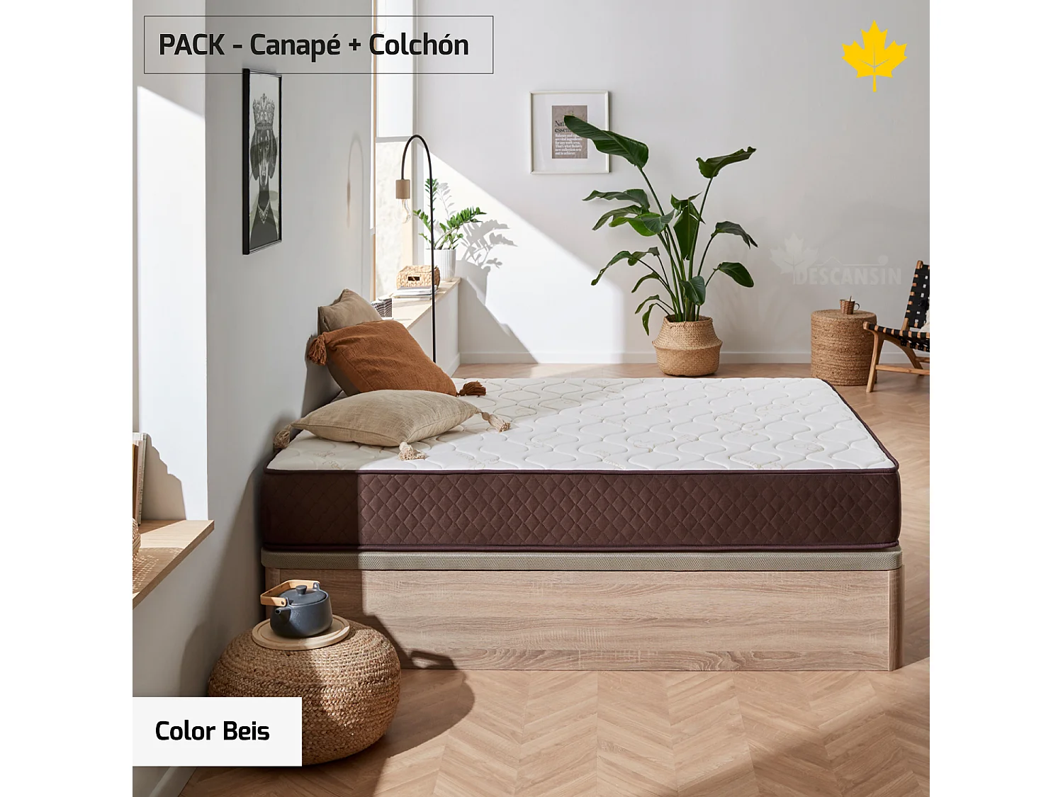 Pack Colchón Descansin + Canapé Abatible 180 x 200 | Color Beis | Maxima Comodidad | Gran Almacenaje