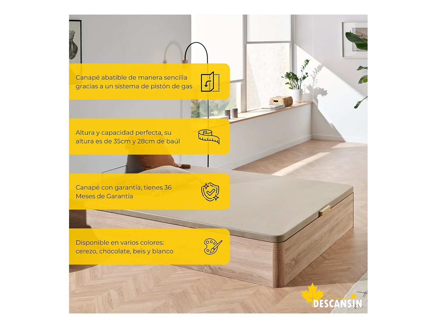 Canape Abatible 135 x 190 cm | Color Blanco | Con Subida A Domicilio | Reforzado | Gran Almacenaje | Descansin