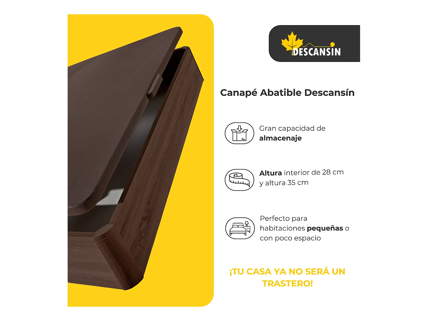 Canape Abatible 135 x 190 cm | Color Blanco | Con Subida A Domicilio | Reforzado | Gran Almacenaje | Descansin