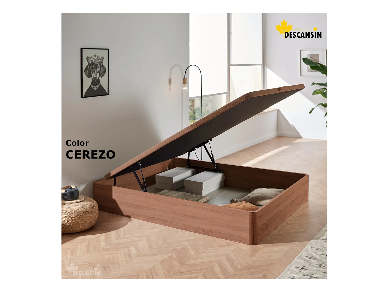 Canape Abatible 160 x 190 cm | Color Cerezo | Con Subida A Domicilio | Reforzado | Gran Almacenaje | Descansin