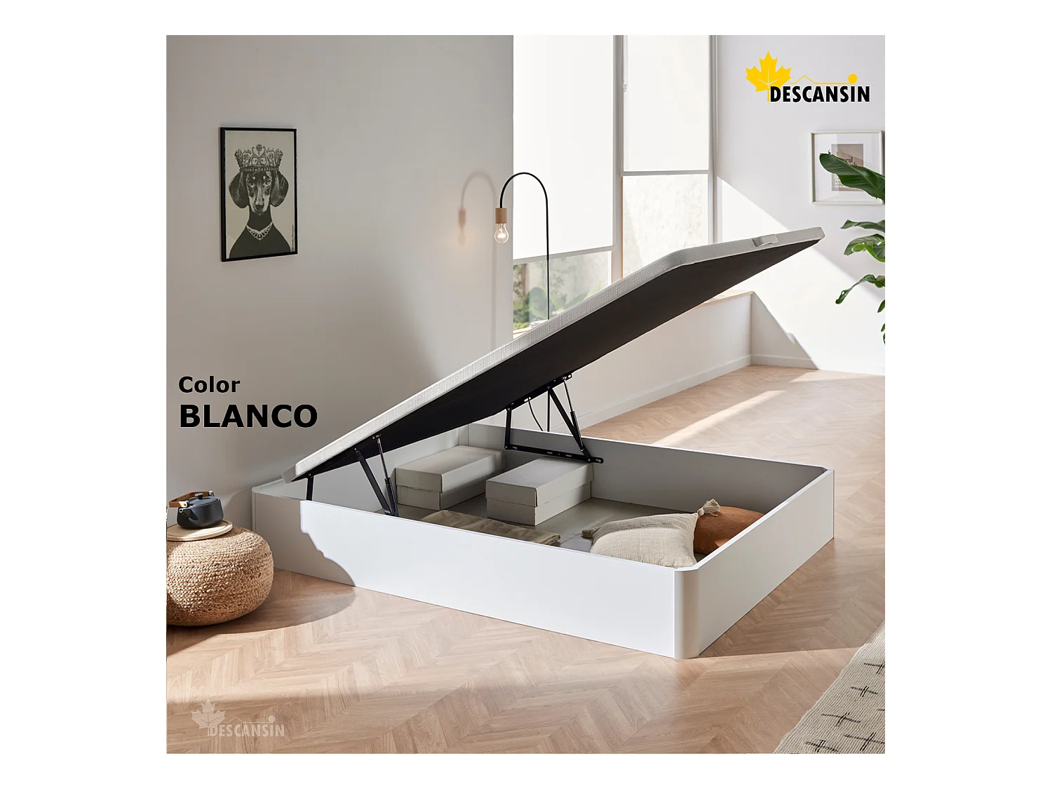 Canape Abatible 150 x 190 cm | Color Blanco | Con Subida A Domicilio | Reforzado | Gran Almacenaje | Descansin