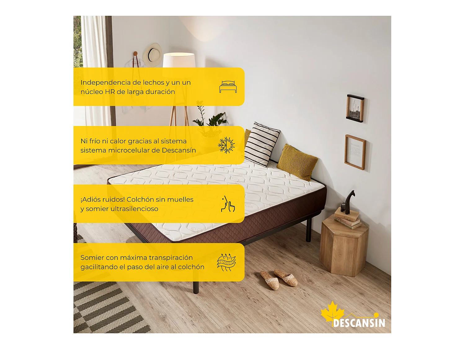 Pack Colchão e Sommier com estrado de ripas e pés 150x200