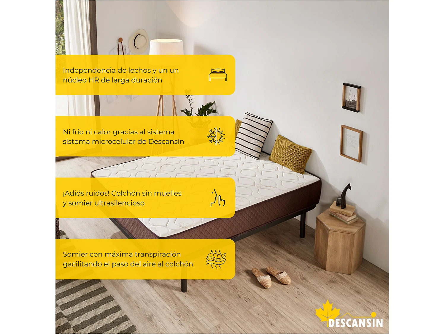 Pack Colchão e Sommier com estrado de ripas e pés 135x200