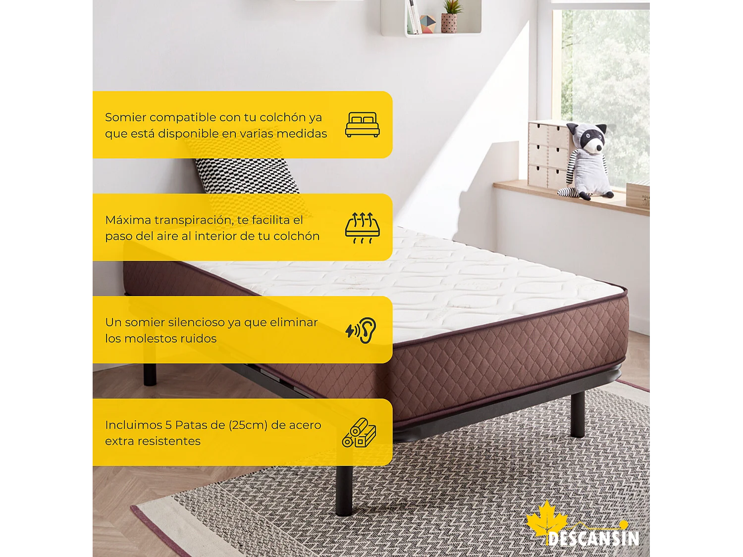 Sommier com estrado de ripas e pés 150x190 cm | Silencioso