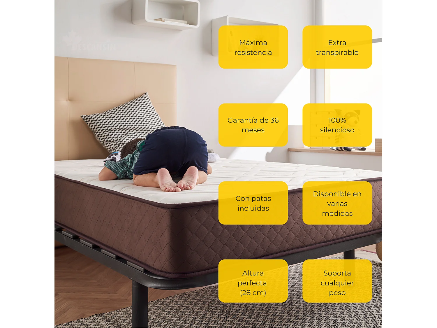 Sommier com estrado de ripas e pés 120x190 cm | Silencioso