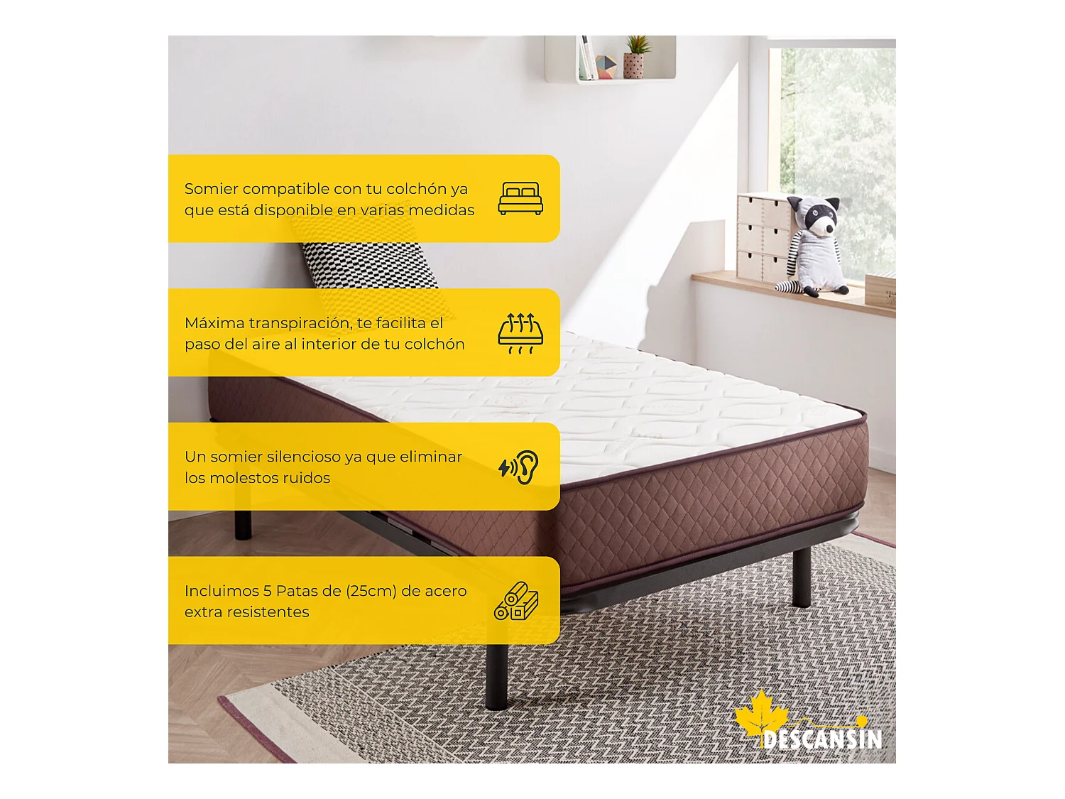 Somier con Patas Descansin | 80x200 cm | Materiales Resistentes | Silencioso | Gran Transpirabilidad