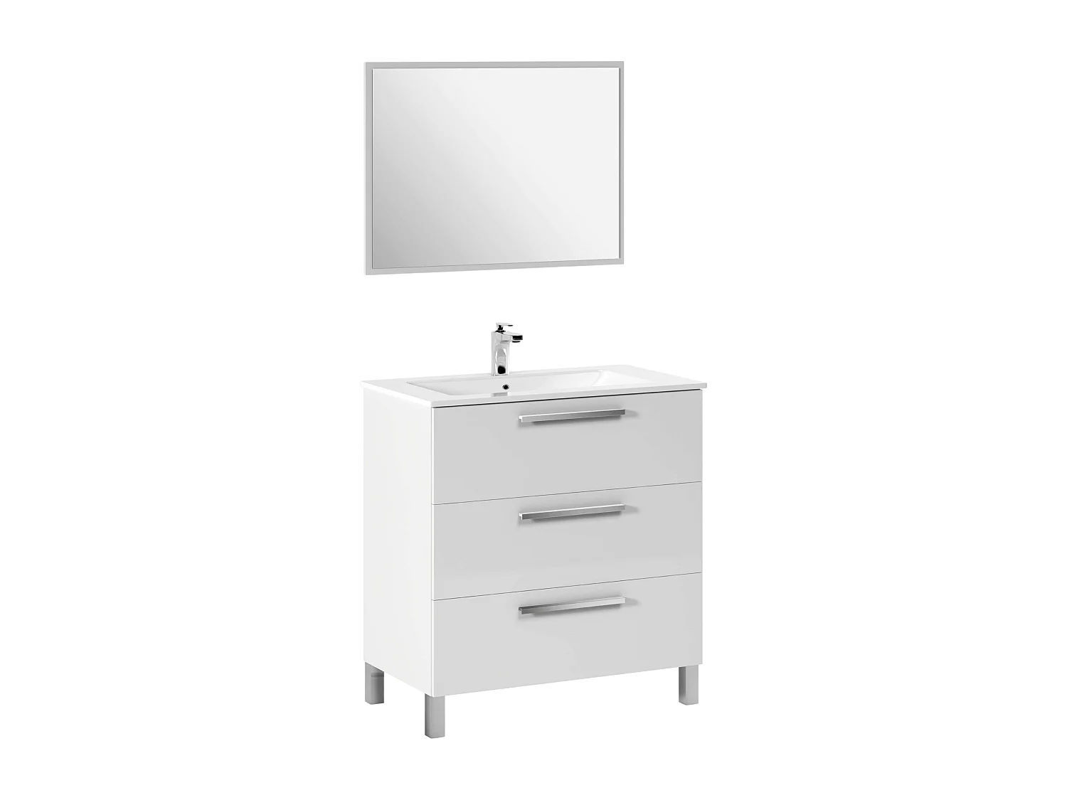 Móvel de casa de banho branco Athena 3 gavetas + espelho Branco brilhante