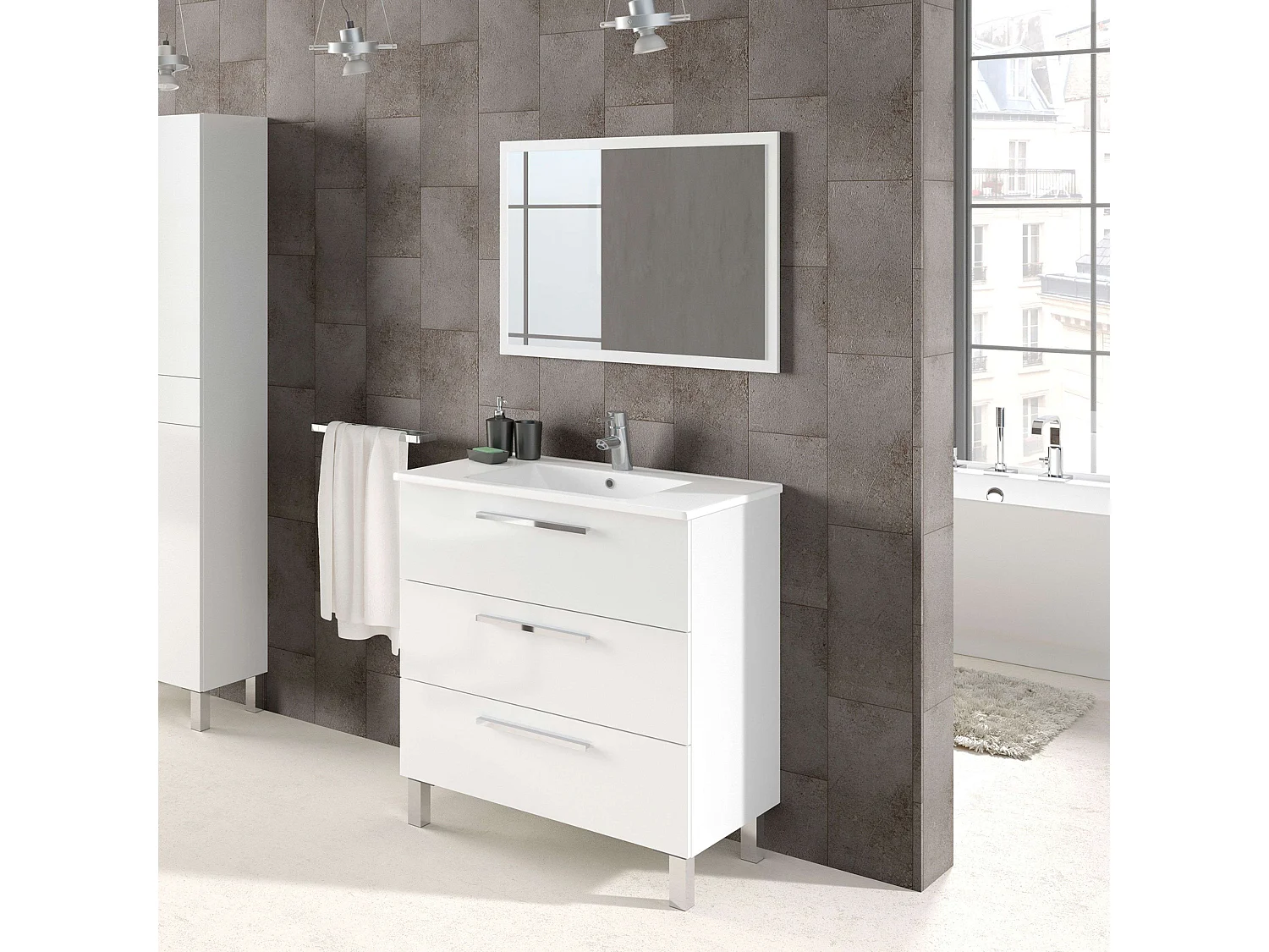Móvel de casa de banho branco Athena 3 gavetas + espelho Branco brilhante