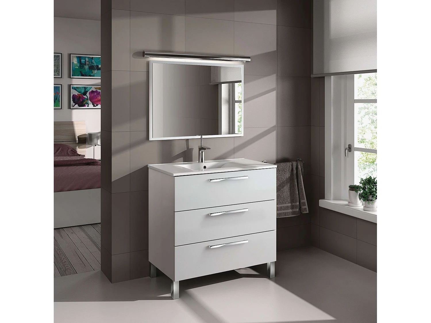 Móvel de casa de banho branco Athena 3 gavetas + espelho Branco brilhante